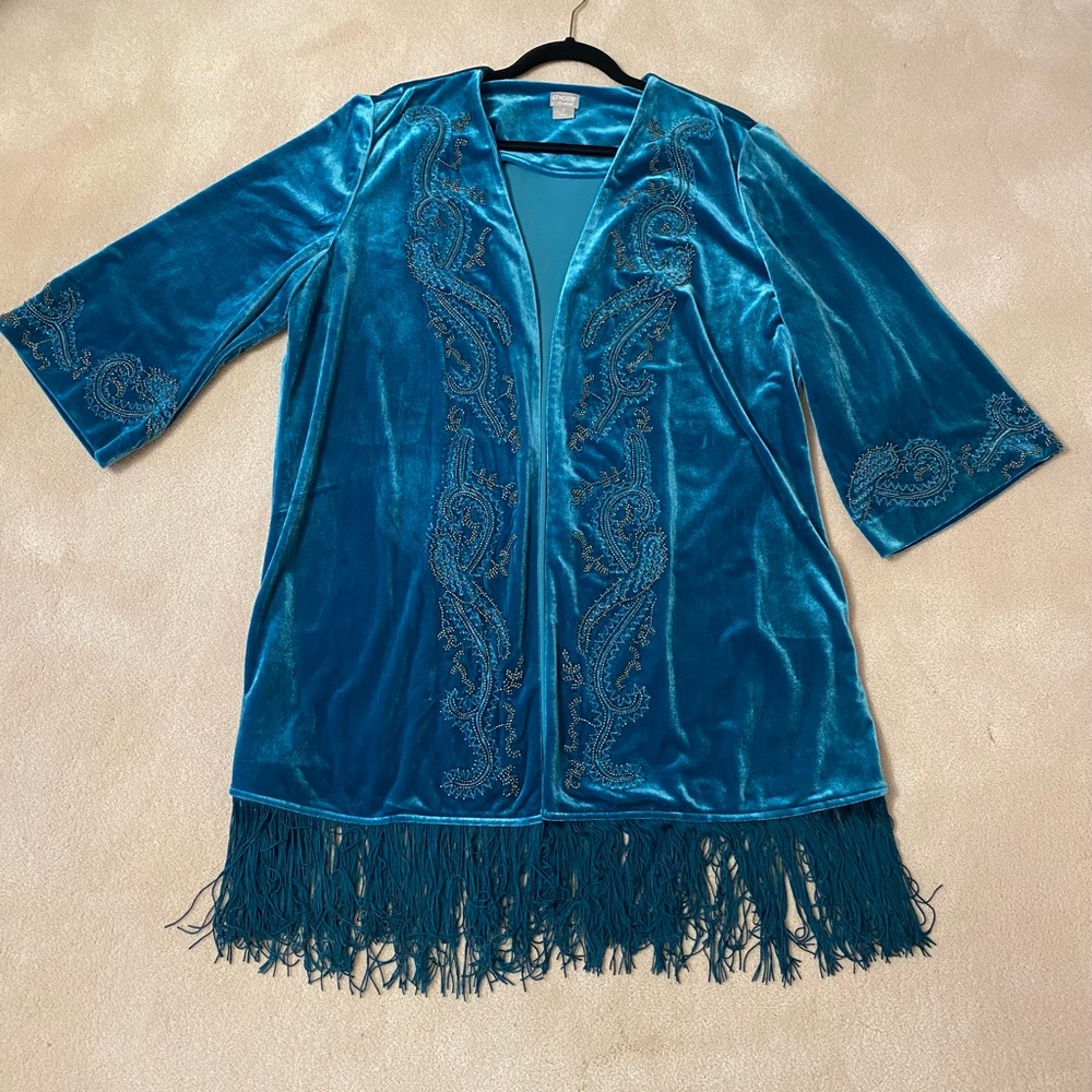 Chico’s velour fringe jacket with gold bead details
